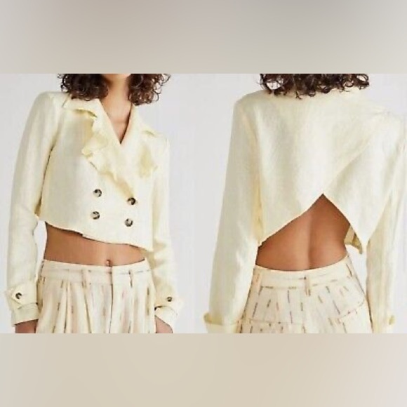Free People Bennie Crop Blazer 100% Linen Sun Yellow Crossover Back Size Medium - Picture 1 of 10